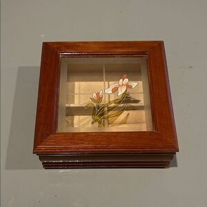 Vintage Wooden Jewelry Box with Floral Design 6 x 6 in H 2.5 in
